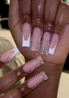 French Tip Nails With Pearls, Nails With Pearls, White French Tip Nails, Cybergoth Style, Bad Nails, Birthday Nail