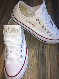 Embroidered White sneakers Getting Married? What a great idea. This listing is for Mrs on one shoe last name on other shoe. There will be date on the side of 1 shoe and Bride on the side of other shoe ! I will use red hearts in the date unless you specify something else. Other options available in my shop!! Wear these at your reception so your feet don't hurt. You can do white to match your dress or coordinate with your bridal party. You can even get each person in your bridal party a pair. What White Custom Sneakers With Embroidered Logo, Custom White Lace-up Sneakers With Embroidered Logo, White Custom Lace-up Sneakers With Embroidered Logo, White Wedding Sneakers With Custom Embroidery, Custom White Sneakers With Round Toe For Anniversary, White Custom Sneakers With Round Toe For Anniversary, White Casual Sneakers For Wedding, White Casual Wedding Sneakers, Customizable Low-top Sneakers For Anniversary