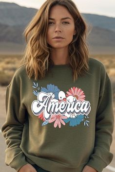 Floral America Graphic Fleece Sweatshirts.Unisex Crew Neck Long Sleeve Sweaters Knits.Crafted from premium materials, tailored to your lifestyle, ensuring a comfortable fit for any occasion.Family Group Uniforms Birthday Party Gift Concert Festival Events.High Quality Direct To Film Printed Graphic Design.50%COTTON,50%POLYESTERNICARAGUAMade In: Nicaragua Casual French Terry Tops With Graphic Print, Spring Fleece Tops With Letter Print, Casual Fleece T-shirt For Fall, Casual Fleece Top With Graphic Print, Relaxed Fit Fleece Tops For Spring, Comfortable Fleece Tops For Spring, Long Sleeve Sweaters, Concert Festival, Sweatpants Shorts