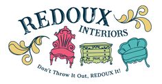 the logo for redux interiors, which has been painted in different colors and styles