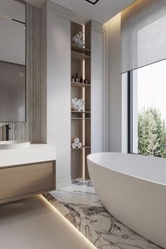 a bathroom with a large white bathtub next to a window