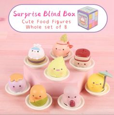 an assortment of miniature food figures on a pink background with the caption surprise blind box cute food figures whole set of 8