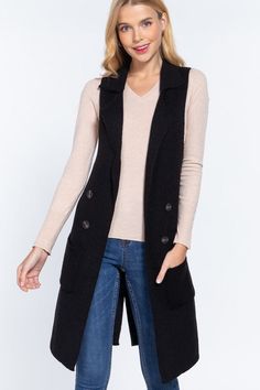 Sleeveless Notched Collar with Side Pocket Long Sweater Vest. Knit Vest Outfits For Women, Long Knit Vest, Long Sweater Vest, Fashion Forward Outfits, Wholesale T Shirts, Where To Buy Clothes, Buy Clothes Online, Clothing Haul, Fashion Capsule