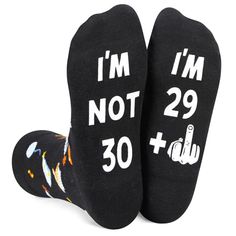 Birthday SocksThe socks feature birthday gifts, hats, balloons, and other elements on the top, while the bottom features a hilarious secret message written in non-slip ink “I’M NOT 30, I’M 29+1”. They make for great unisex gifts for those turning 30.Size & PackageOur unisex design fits most men's US size 6-13 feet and most women's US size 7 and up. Each pair of happy birthday socks comes in a plastic zippered bag.Quality MaterialOur funny saying socks are made of 80% cotton, 15% polyamide and 5% Medical Socks, 60s Men, Food Socks, Silly Gifts, 40th Birthday Funny, Zippered Bag, 60th Birthday Gifts, 30th Birthday Gifts, 50th Birthday Gifts