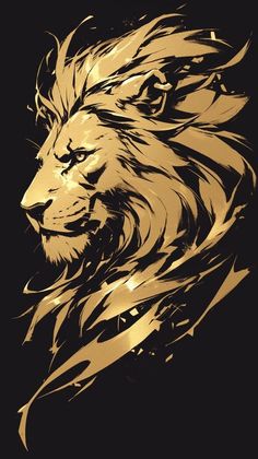 a lion's head on a black background with gold foiling in the foreground