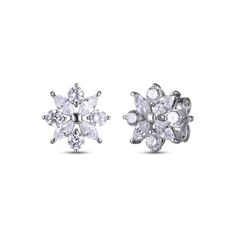 Like perfect snowflakes, these sweet stud earrings are one of a kind. Crafted in sterling silver, each earring shimmers with a geometric pattern of marquise- and round-cut white lab-created sapphires. These sparkling post earrings secure with friction backs. Gift Silver Clip-on Cluster Earrings, Silver Clip-on Cluster Earrings For Gift, Silver Snowflake Earrings For Anniversary, Silver Snowflake Earrings For Pierced Ears, Silver Snowflake Cubic Zirconia Earrings, White Cubic Zirconia Clip-on Earrings, White Cluster Clip-on Earrings As Gift, White Clip-on Cluster Earrings As A Gift, White Diamond Clip-on Earrings For Gift