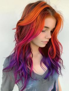 Black Red Orange Hair, Purple Red And Orange Hair, Coloured Hair Styles, Sunset Colored Hair, Red Orange Purple Hair, Purple Sunset Hair, Purple To Orange Hair, Red Pink And Purple Hair, Sunset Hair Dye