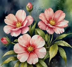 a painting of pink flowers with green leaves