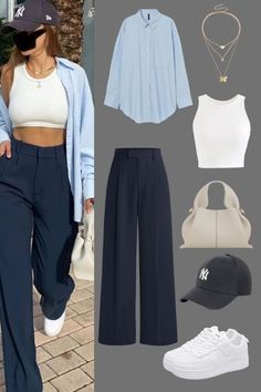 Outfit Ideas | Casual Trouser Outfit Ideas Check more at https://beautyfashionideas.com/uncategorized/outfit-ideas-casual-trouser-outfit-ideas/ Navy Trousers Outfit Women, Vietnam Outfit Ideas, Winter Outfits Dinner, Blue Trousers Outfit, Outfit Ideas For School Fall, Sleeveless Top Outfit, White Sleeveless Crop Top, Blue Top Outfit, Blue Pants Outfit