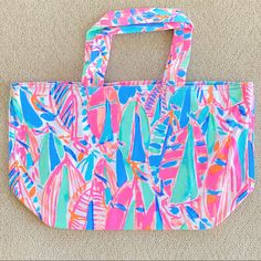 Gorgeous Nwt Lilly Pulitzer Palm Beach Tote In Hard To Find Pattern! Pattern: Multi Out To Sea Only Ever Taken Out Of The Bag For This Photo. Multicolor Rectangular Bag For Poolside, Summer Pink Beach Bag For Vacation, Pink Summer Beach Bag For Vacation, Blue Tropical Bag For Vacation, Blue Tropical Style Bag For Vacation, Pink Tote Bag For Vacation, Tropical Blue Bag For Vacation, Casual Pink Beach Bag For Poolside, Blue Tropical Vacation Bag