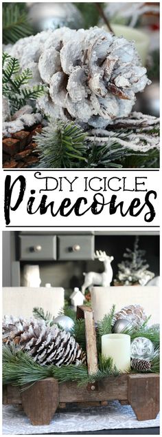 pine cones and candles are sitting on a tray with evergreen branches in the background, and text overlay reads diy rustic pine cones