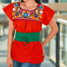 Blusa Bordada TM-77325 Red Embroidered Blouse Embroidered Blouses, Mexican Blouse, Mexican Heritage, Live In Style, Traditional Mexican, My Fashion, Sales Tax, Red Blouses, Embroidered Blouse