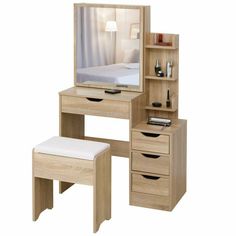 a wooden desk with a mirror, stool and shelf in front of it on a white background