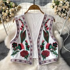 Boho Chic Floral Embroidered V-neck Vest – itsshirty Sleeveless Waistcoat, Beach Holidays, Style Vest, Estilo Boho Chic, Folk Fashion, Floral Tank Top, Vest White, Vest Fashion, Floral Tank