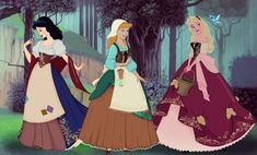 three princesses are walking in the woods together