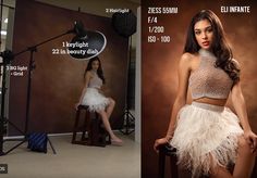 a woman in a short white skirt sitting on a stool next to a photo shoot