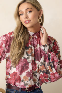 Show off your fall floral style with the Flirty Little Secret Ivory Floral Print Top! Featuring a light and airy blouse with ivory floral details, this top will have you feeling flirty and fashionable no matter the occasion! This floral print top features a mock neckline with an adjustable self tie, balloon sleeves, elastic smocked cuffs, and a bodice lining. Feminine Rose Print Blouse, Chic Flowy Blouse With Floral Print, Elegant Floral Print Top For Day Out, Chic Rose Print Top For Day Out, Chic Rose Print Tops For Fall, Feminine Floral Print Tops For Fall, Preppy Girls, Going Out Looks, Corporate Chic