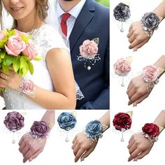 the bride and groom are wearing matching bracelets with flowers on them, while holding each other's hands