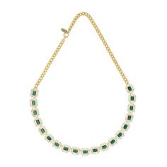 Unveil a new level of elegance with the Whistledown Emerald Gemstone Necklace in Gold. This stunning piece epitomizes sophistication and refined beauty. The necklace features a captivating row of lab-grown emeralds, each nestled in its own delicate setting and encircled by dazzling zircons. These radiant gems are meticulously arranged to grace the front aspect of the necklace, creating a striking focal point. The design transitions seamlessly to a gold curb chain at the back, ensuring a comforta Elegant Emerald Necklace For Evening, Luxury Necklace With Gemstone Accents, Elegant Crystal Chain Necklace With Jewels, Luxury Emerald Necklace With Stones, Elegant Emerald Bridal Necklace, Elegant Green Necklace For Evening, Luxury Emerald Stone Necklaces, Elegant Emerald Necklace With Stones For Formal Events, Elegant Wedding Diamond Necklace With Chain