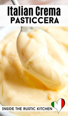 a spoon full of mayonnaise with the words italian crema pasta written above it