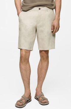 Breathable linen means easy comfort in these slim-fit Bermuda shorts with easy appeal. Zip fly with button closure Front slant pockets; coin pocket; back button-welt pockets 100% linen Machine wash, line dry Imported Beige Linen Bottoms With Built-in Shorts, Neutral Linen Shorts For Summer, Neutral Linen Shorts For Spring, Neutral Linen Shorts, Summer Neutral Linen Shorts, Spring Neutral Linen Shorts, Fitted Linen Bottoms For Summer, Neutral Linen Shorts With Pockets, Casual Neutral Linen Shorts