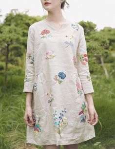 Linen Dress With Hand Embroidered Wild Flower Pattern, Linen Dress for Woman, Tinythingsmadeuhappy - Etsy Bulgaria Casual Embroidered Linen Dress, Long Sleeve Linen Dress With Floral Embroidery, Folk Style Beige Dress With Floral Embroidery, Floral Embroidery Linen V-neck Dress, Linen V-neck Dress With Floral Embroidery, V-neck Linen Dress With Floral Embroidery, Beige Floral Embroidery Dress For Garden Party, Beige Linen Dress For Spring Garden Party, Beige Floral Embroidered Dress For Garden Party