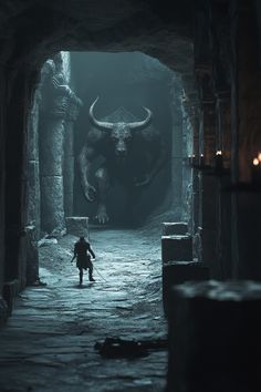 a man walking through a tunnel next to a large horned animal in the dark night