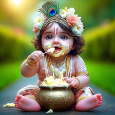 a baby sitting on the ground eating from a bowl with food in it's mouth