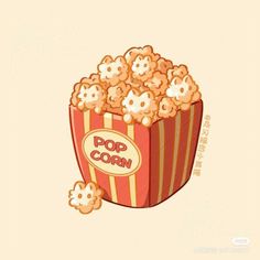 an illustration of popcorn in a red striped box with the word pop corn on it