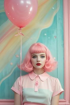 a mannequin with pink hair holding a balloon in front of a blue background