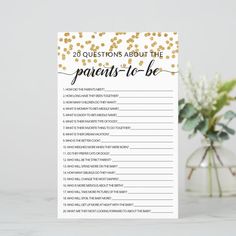 a sign that says 20 questions about the parents - to - be in gold confetti