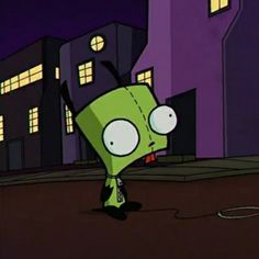 a cartoon character is standing in the street at night with his head turned to look like an alien