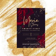 a black and gold birthday party flyer with roses on the front, and glitter in the back