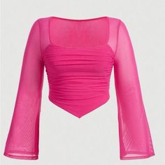 Brand New, Very Flattering On!! Pink Long Sleeve Mesh Top For Summer, Chic Fitted Pink Mesh Top, Pink Fitted Long Sleeve Mesh Top, Spring Flirty Club Tops, Fitted Pink Mesh Top For Party, Pink Long Sleeve Top For Club, Casual Pink Crop Top For Club, Flirty Fitted Tops For Club, Flirty Pink Stretch Tops