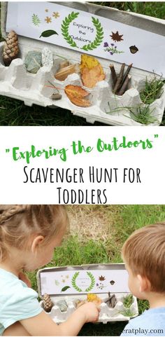 two children playing with an egg carton filled with leaves and other things in it