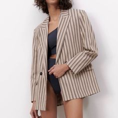 New With Tags Zara Striped Blazer Size Small. Zara 2753/132 Summer Neutral Blazer For Workwear, Chic Neutral Summer Blazer, Striped Oversized Outerwear For Work, Chic Beige Blazer For Summer, Chic Beige Summer Blazer, Chic Striped Summer Blazer, Chic Summer Relaxed Fit Blazer, Neutral Summer Office Outerwear, Zara Brown Spring Blazer