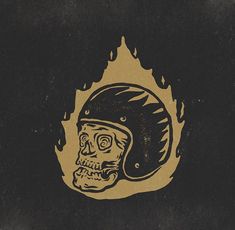 a drawing of a skull wearing a helmet with flames coming out of the back ground