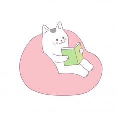 a cat sitting on a bean bag chair reading a book with its paw up and eyes closed