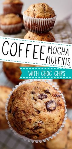 coffee mocha muffins with choc chips are stacked on top of each other