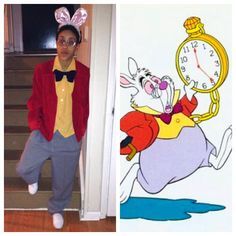 a person in costume next to an image of a cartoon character with a clock on the wall