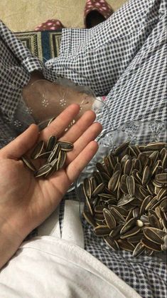 a person holding sunflower seeds in their hand next to a pile of other items