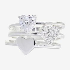 Ring Style: Stackable Rings, Delicate Rings, Solitaire Rings# Pieces In Set: 3Features: In A Gift Box, Nickel FreeShape: HeartStone Cut: HeartStone Millimeter Measurement: 5 Mm Length, 5 Mm WidthMetal Color: Silver ToneBand Width: Care: Wipe CleanStone Type: 17 Cubic ZirconiaMetal: Pure Silver Over BrassCountry of Origin: Imported Stackable Heart Rings, Rings Delicate, Rings Solitaire, Solitaire Rings, 7 Rings, Delicate Rings, Stackable Rings, Pure Silver, Solitaire Ring