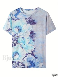 Bjux - Floral Print Plus Size Womens Casual T-Shirt with Short Sleeves, Round Neckline and Slight Stretch Fabric Summer Digital Print Short Sleeve T-shirt, Printed Light Blue Short Sleeve T-shirt, Summer Short Sleeve T-shirt With Digital Print, Summer Blue Tops With Digital Print, Blue Digital Print Crew Neck Top, Blue Floral Print Crew Neck T-shirt, Floral Sleeve, Womens Casual, Casual T Shirt