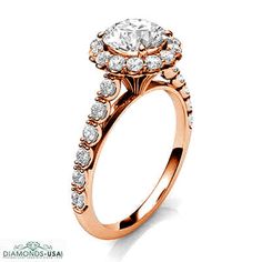 a rose gold engagement ring with round diamonds on the band and an oval center stone