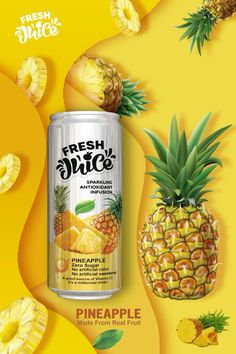 a can of fresh juice next to pineapples and other fruit on a yellow background