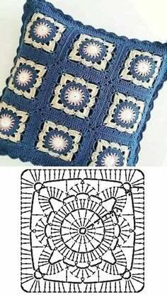 a blue crocheted pillow sitting on top of a white table next to an image of