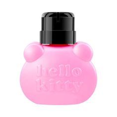 a pink bottle with the word hello kitty on it's side and a black top