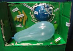 a blue light bulb sitting inside of a green box filled with magnets and paper