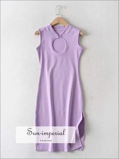 Women Purple Cut out front Sleeveless Midi Dress with Turtle Neck Hook and side Split detail Casual Sleeveless Elastane Bodycon Dress For Spring, Stretch Sleeveless Elastane Bodycon Dress, Bodycon Sleeveless Elastane Dress, Stretch Sleeveless Dress With Side Slits, Spring Sleeveless Knee-length Dress With Side Slits, Sleeveless Stretch Bodycon Dress With Side Slits, Fitted Sleeveless Bodycon Dress With Side Slits, Knee-length Sleeveless Elastane Dress For Spring, Sleeveless Bodycon Dress With Side Slits For Summer