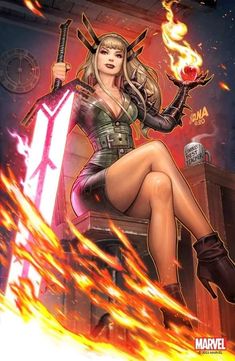 a woman in leather outfit sitting on top of a chair with fire coming out of her legs